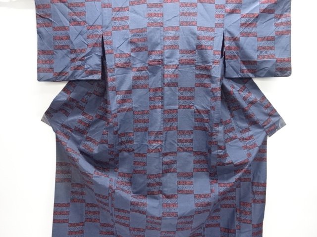 JAPANESE KIMONO / ANTIQUE HITOE KIMONO / SILK / TOKAMACHI TSUMUGI / WOVEN ABSTRACT GRID